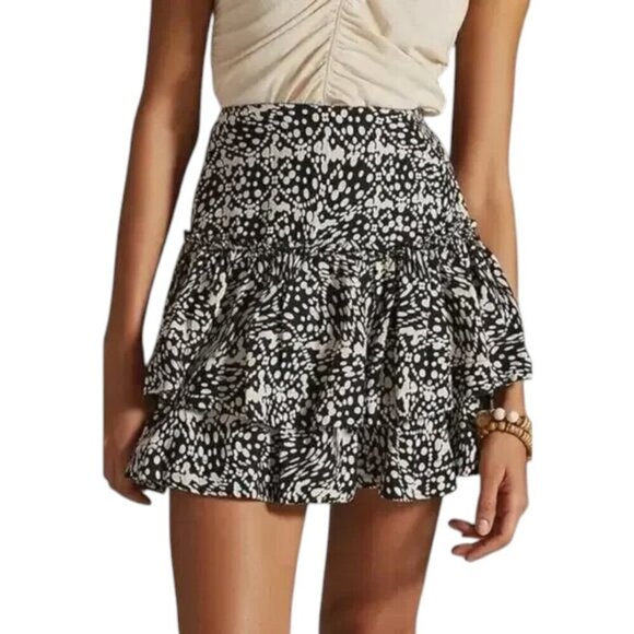 Maeve by Anthropologie Linen Blend Black Cream Print Tiered Mini Skirt - Picture 1 of 13